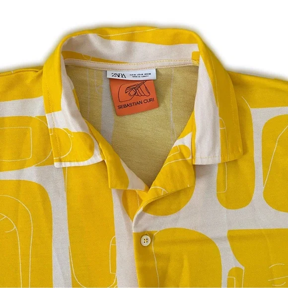 Zara Limited Run Sebastian Curi Yellow Graphic Button Down Casual Polo Shirt M - Picture 3 of 5